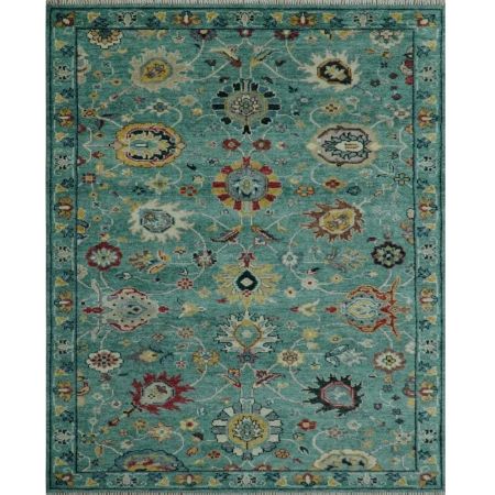 Teal And Yellow Modern Oushak Wool Rug